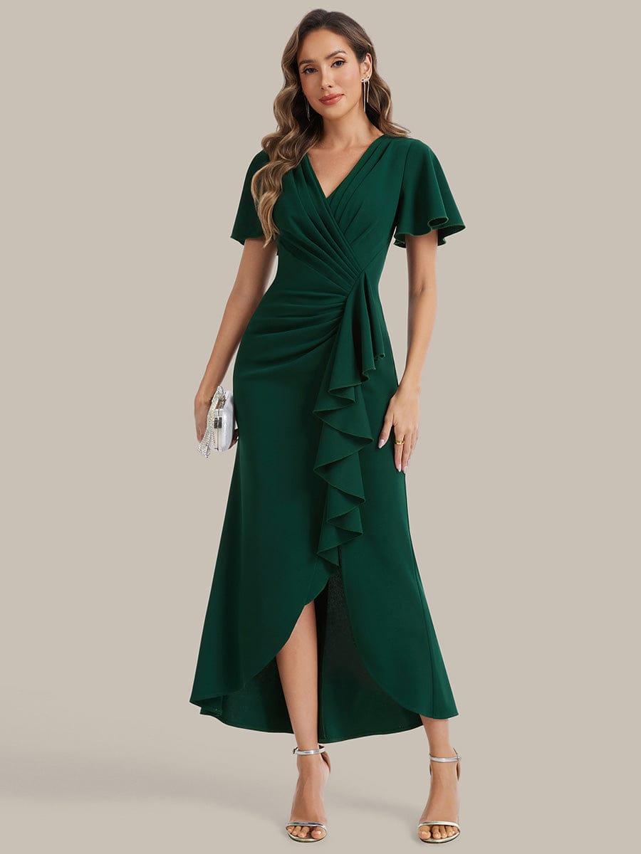 Thigh-High Slit Knit Ruffle Sleeve Dress #color_Dark Green