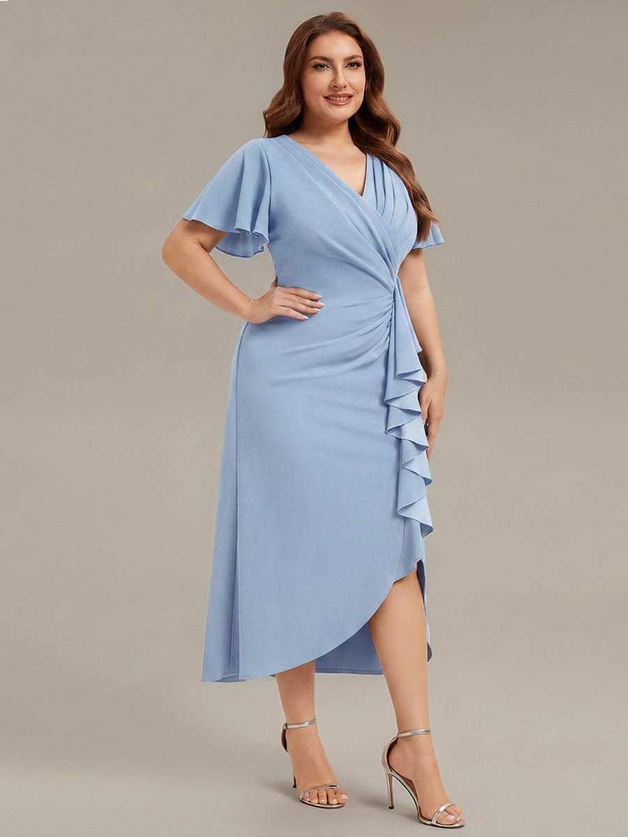 Thigh-High Slit Knit Ruffle Sleeve Dress #color_Ice Blue
