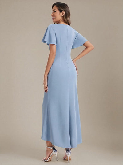Thigh-High Slit Knit Ruffle Sleeve Dress