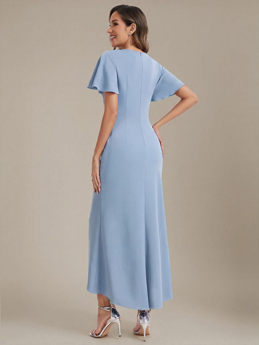 Thigh-High Slit Knit Ruffle Sleeve Dress #color_Ice Blue