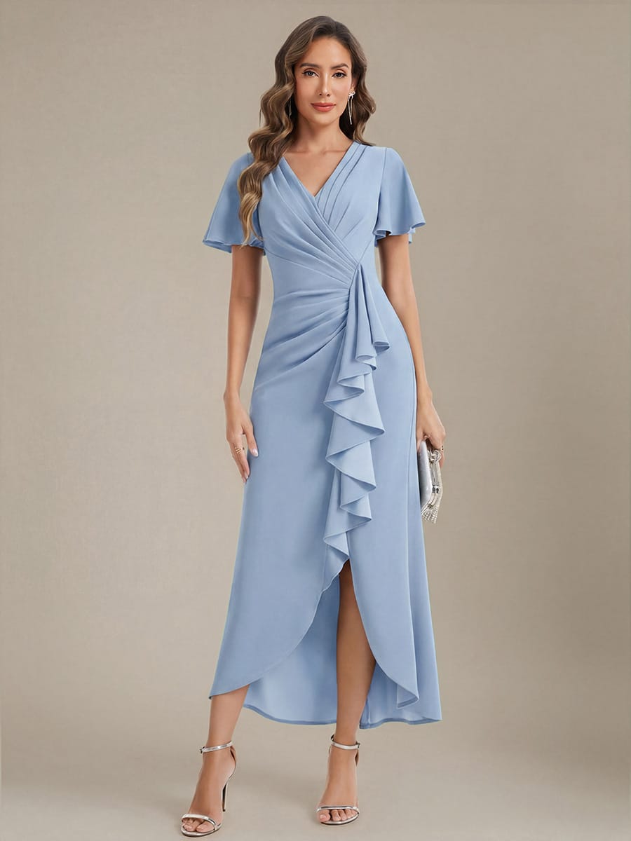 Thigh-High Slit Knit Ruffle Sleeve Dress #color_Ice Blue