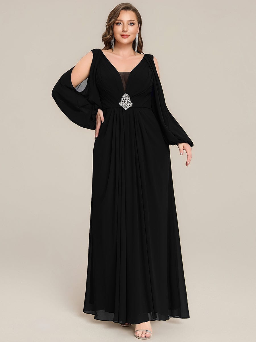 Rhinestone Embellished Chiffon Lantern Sleeve Dress #color_Black