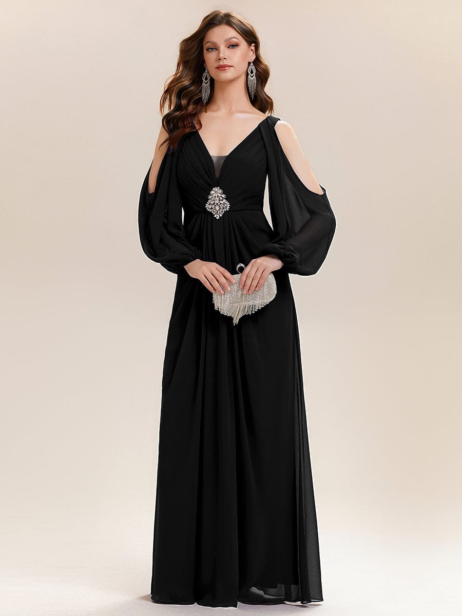 Rhinestone Embellished Chiffon Lantern Sleeve Dress #color_Black