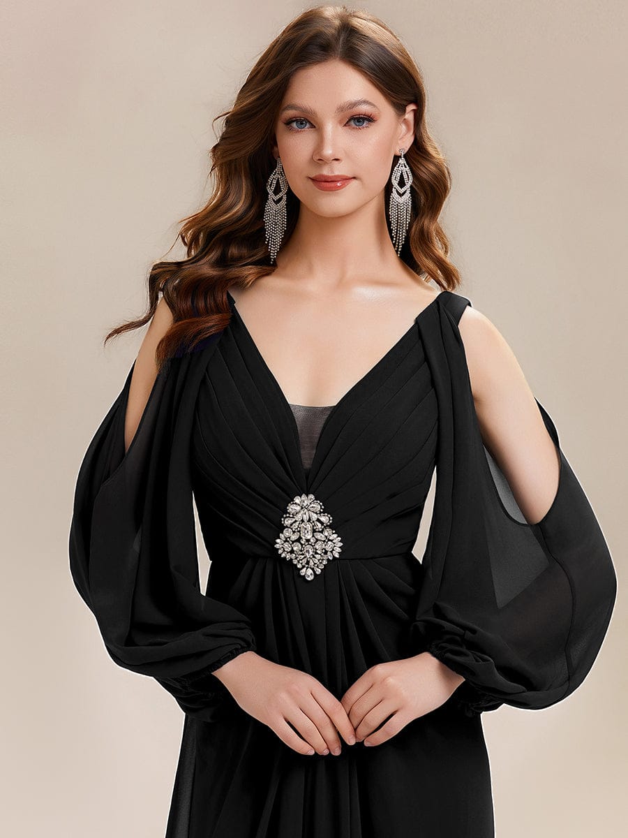 Rhinestone Embellished Chiffon Lantern Sleeve Dress #color_Black