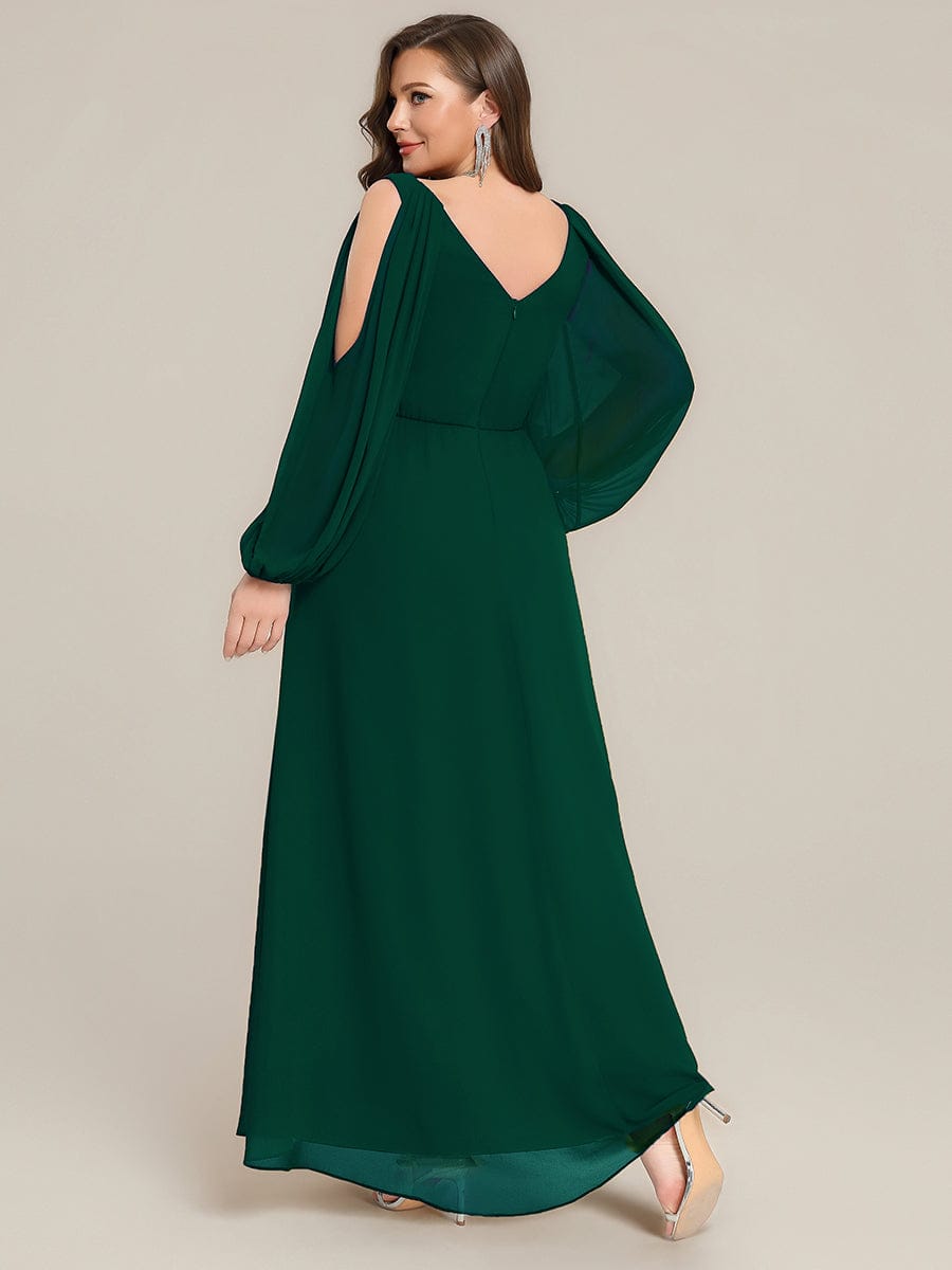 Rhinestone Embellished Chiffon Lantern Sleeve Dress #color_Dark Green