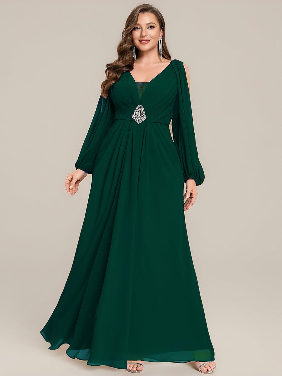 Rhinestone Embellished Chiffon Lantern Sleeve Dress #color_Dark Green