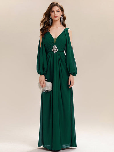 Rhinestone Embellished Chiffon Lantern Sleeve Dress #color_Dark Green