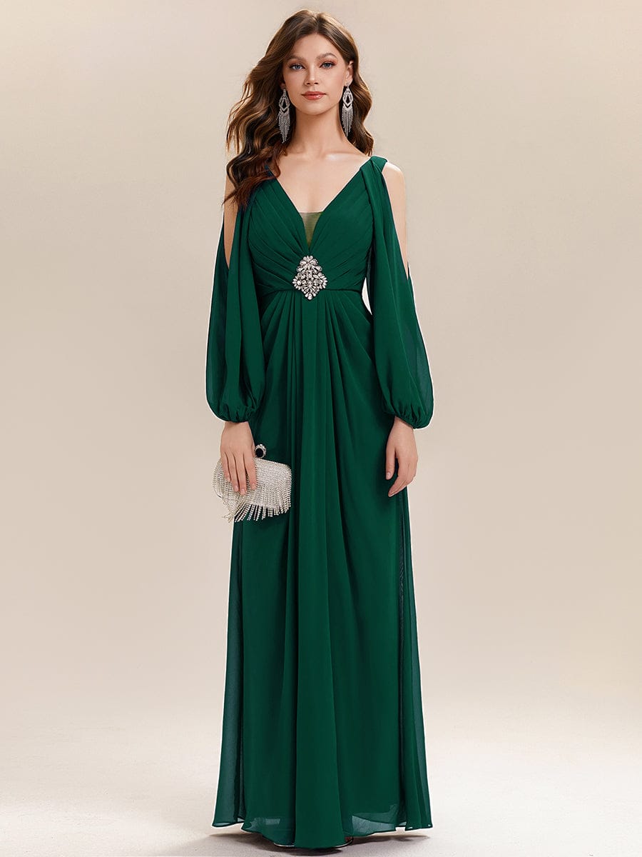 Rhinestone Embellished Chiffon Lantern Sleeve Dress #color_Dark Green
