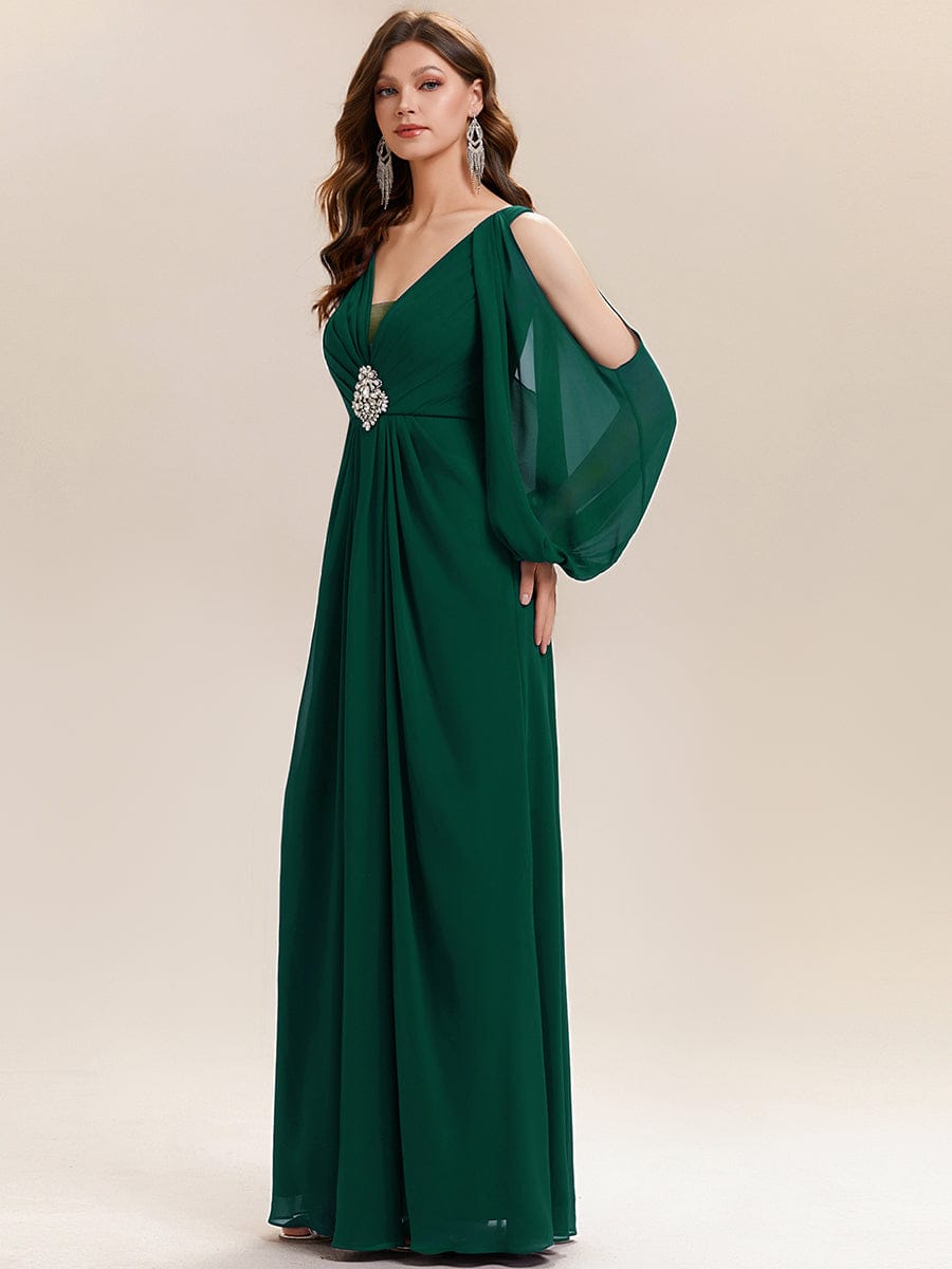 Rhinestone Embellished Chiffon Lantern Sleeve Dress #color_Dark Green
