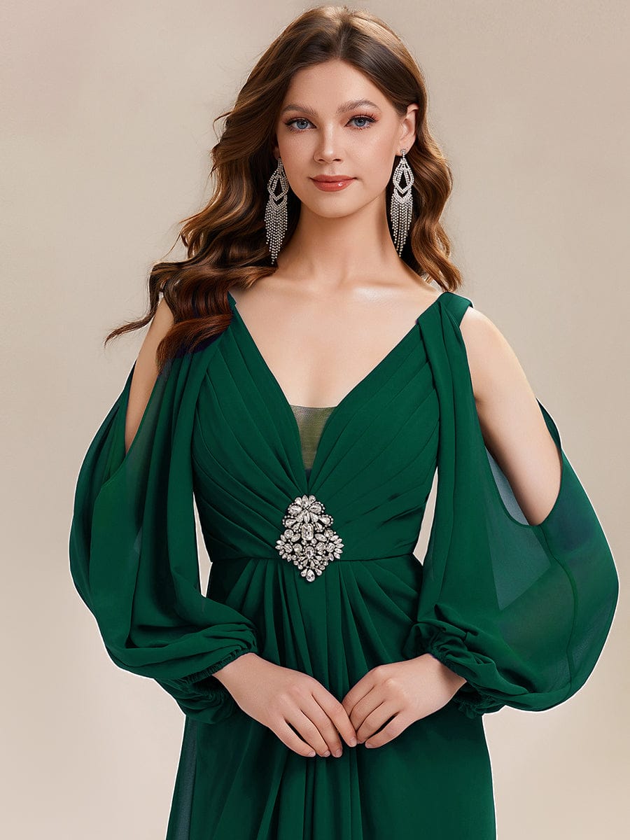 Rhinestone Embellished Chiffon Lantern Sleeve Dress #color_Dark Green