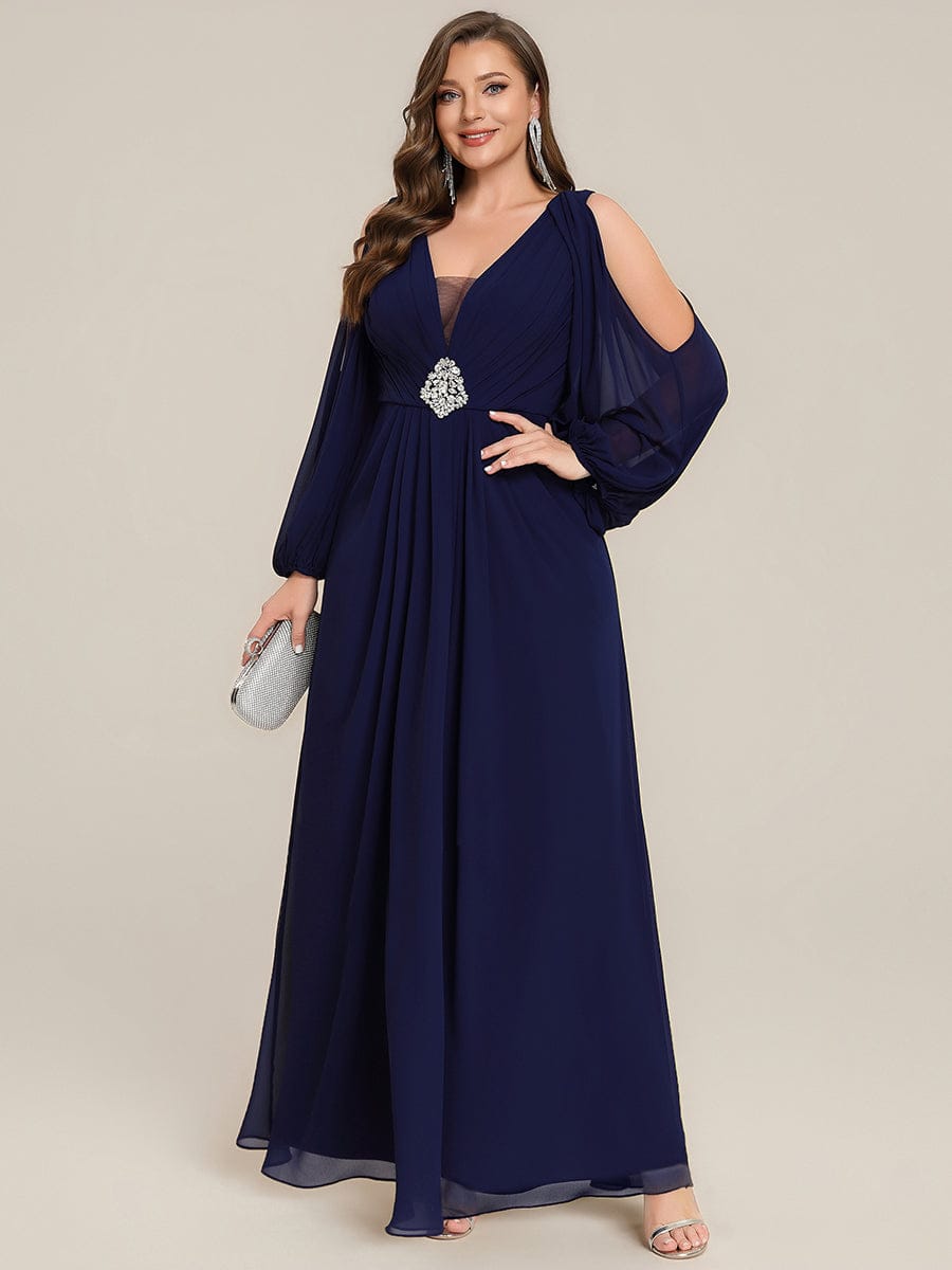 Rhinestone Embellished Chiffon Lantern Sleeve Dress #color_Navy Blue