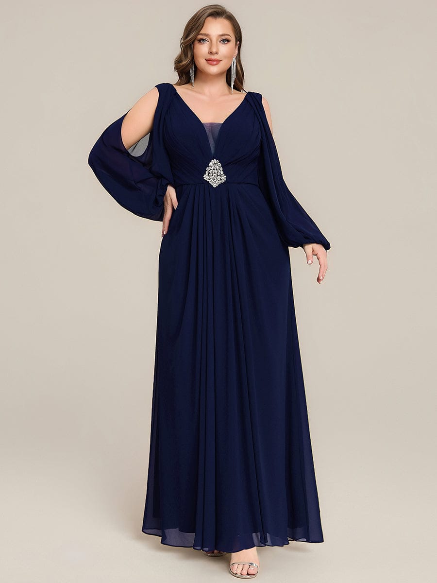 Rhinestone Embellished Chiffon Lantern Sleeve Dress #color_Navy Blue
