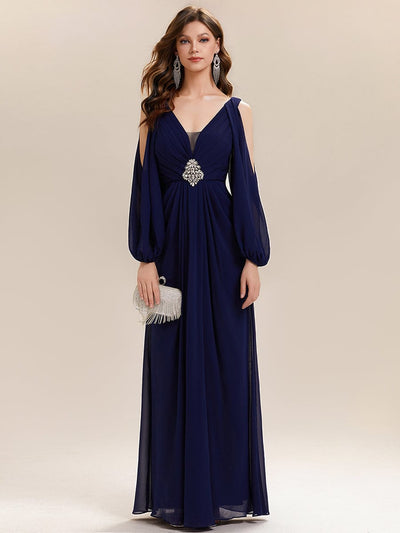 Rhinestone Embellished Chiffon Lantern Sleeve Dress #color_Navy Blue