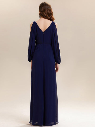 Rhinestone Embellished Chiffon Lantern Sleeve Dress #color_Navy Blue