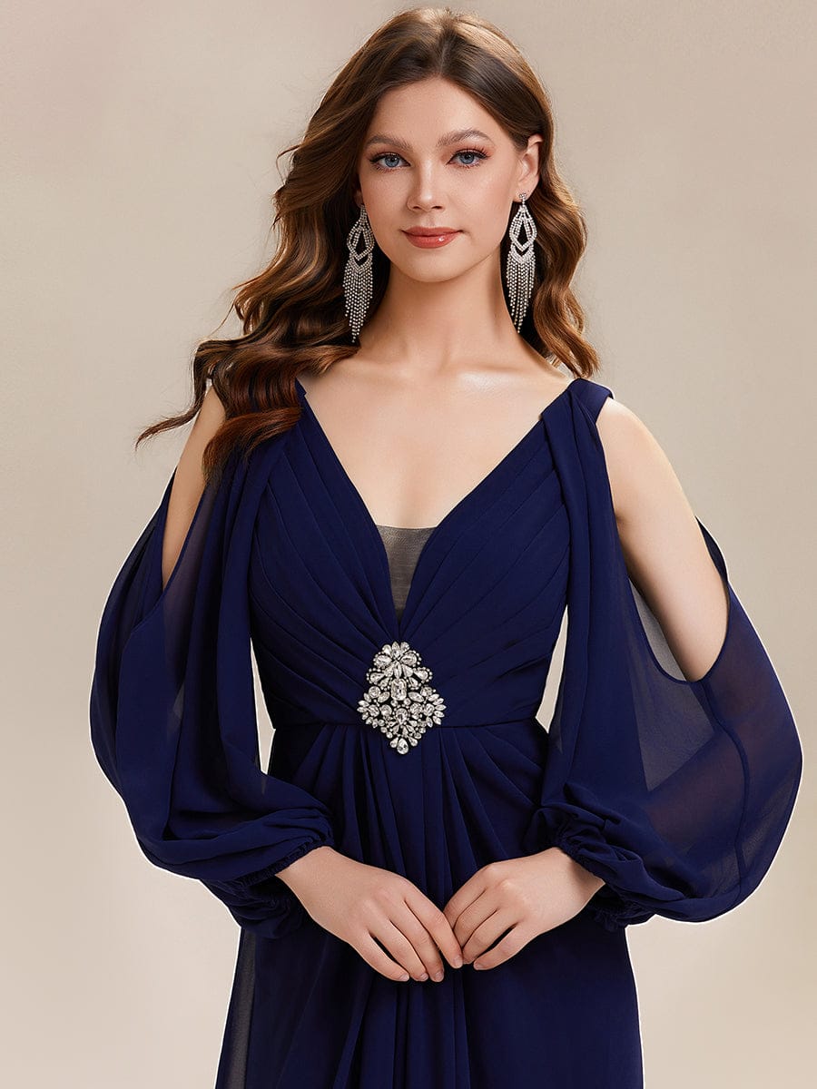 Rhinestone Embellished Chiffon Lantern Sleeve Dress #color_Navy Blue