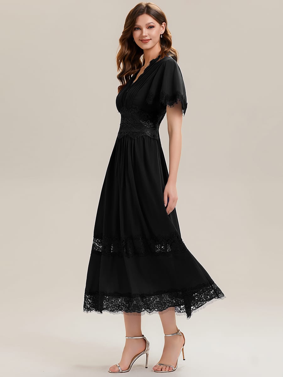 Cut-Out Detail Chiffon Ruffle Sleeve Dress #color_Black