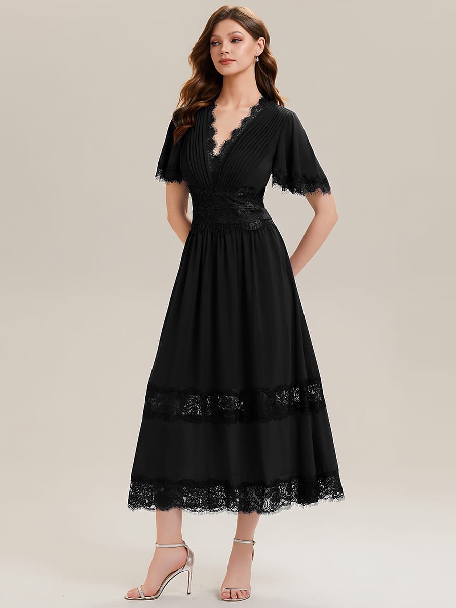 Cut-Out Detail Chiffon Ruffle Sleeve Dress #color_Black