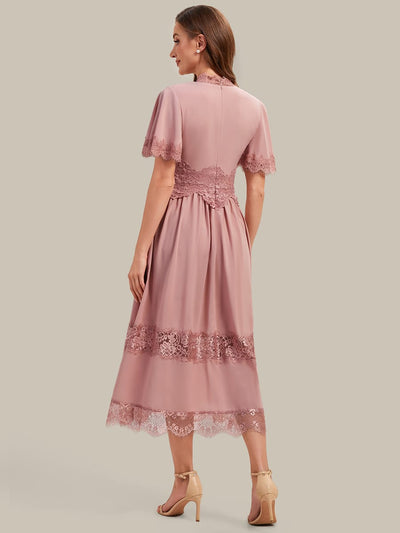 Cut-Out Detail Chiffon Ruffle Sleeve Dress