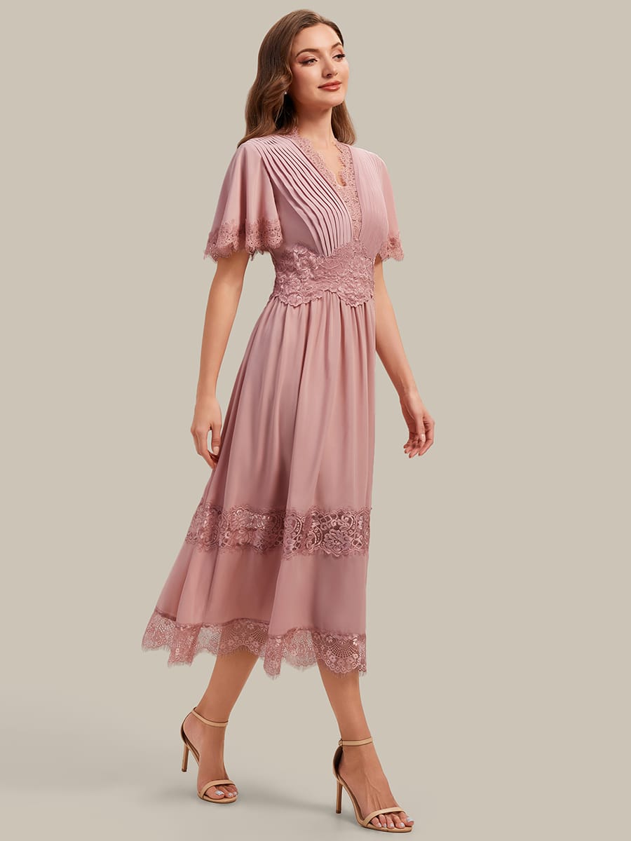 Cut-Out Detail Chiffon Ruffle Sleeve Dress #color_Dusty Rose