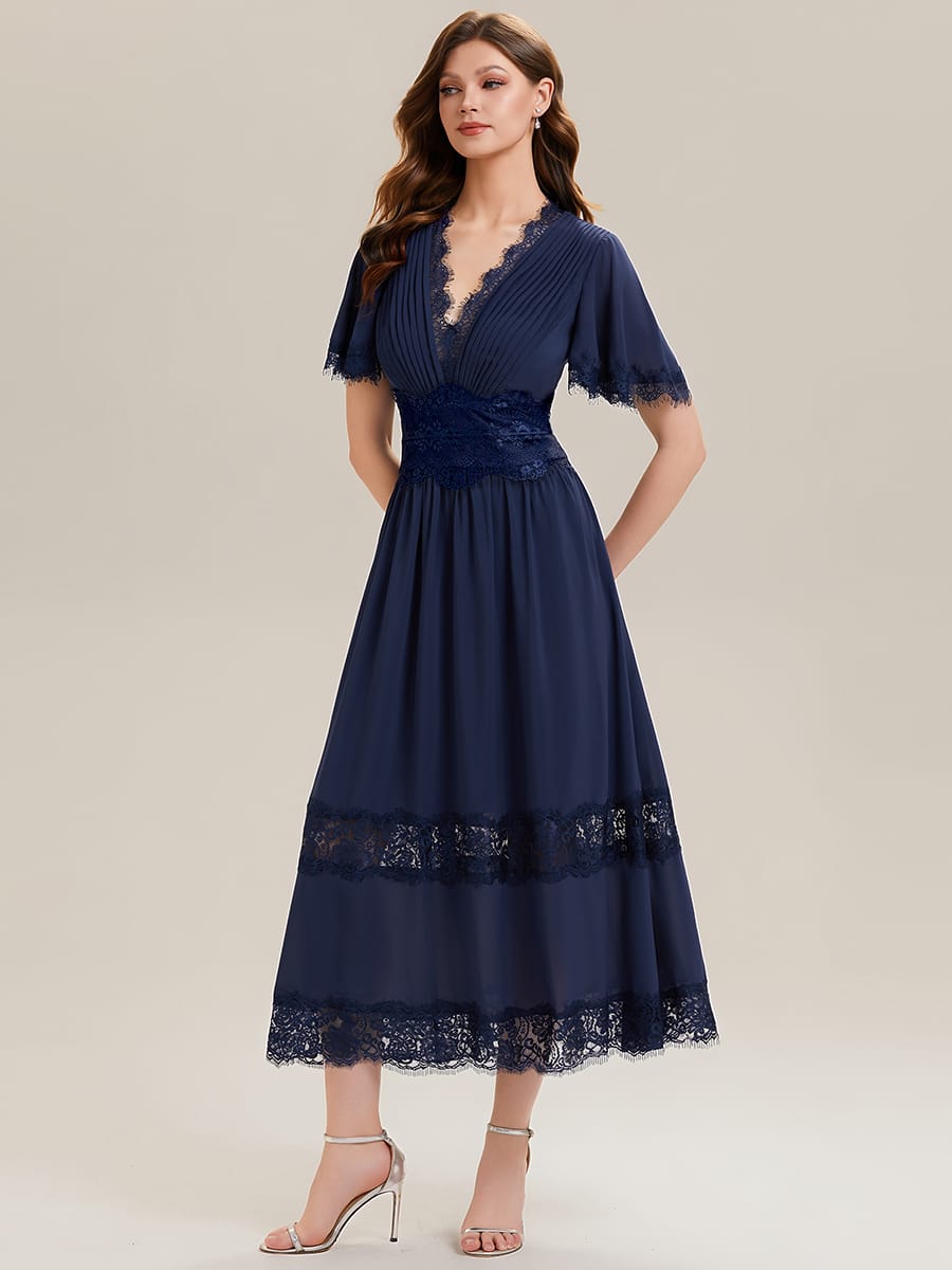 Cut-Out Detail Chiffon Ruffle Sleeve Dress #color_Navy Blue