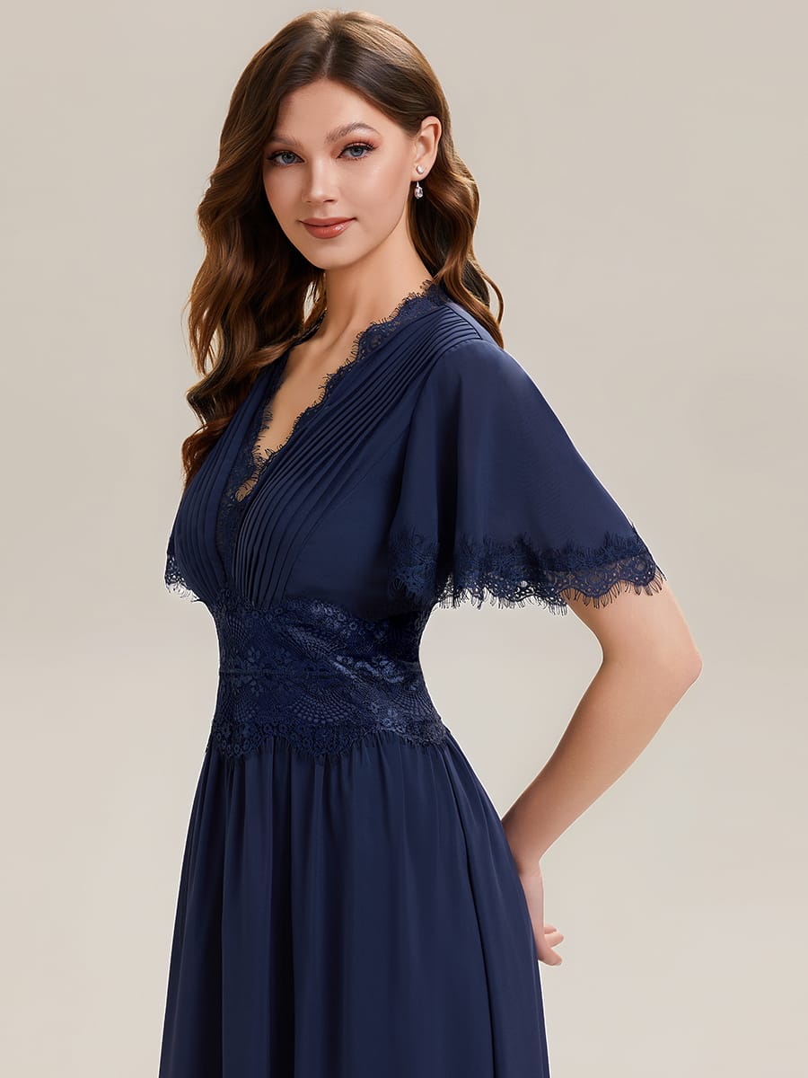 Cut-Out Detail Chiffon Ruffle Sleeve Dress #color_Navy Blue
