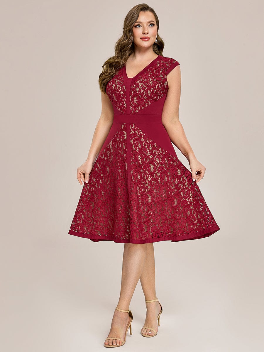 See-through Lace Cap Sleeve Dress #color_Dark Red