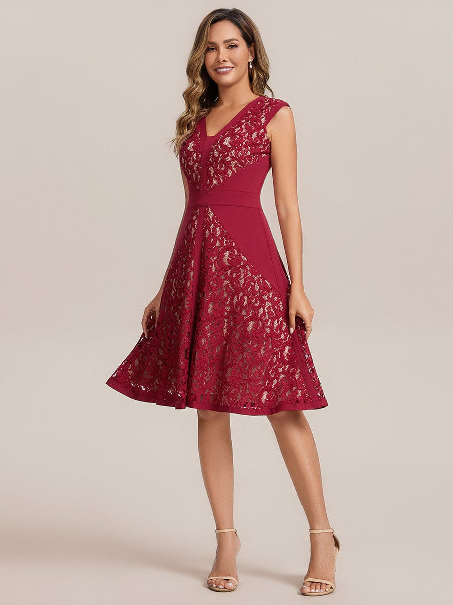 See-through Lace Cap Sleeve Dress #color_Dark Red