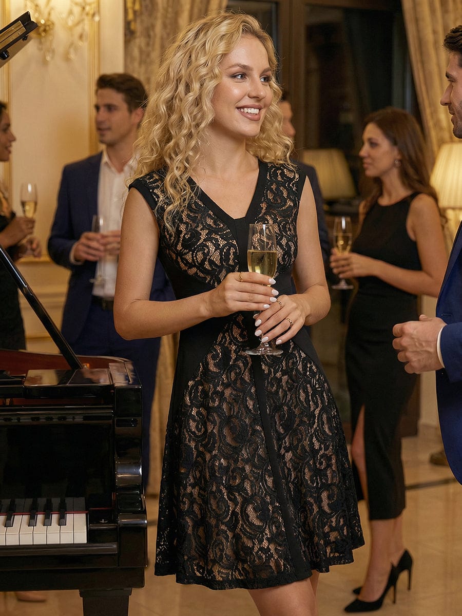 See-through Lace Cap Sleeve Dress #color_Black