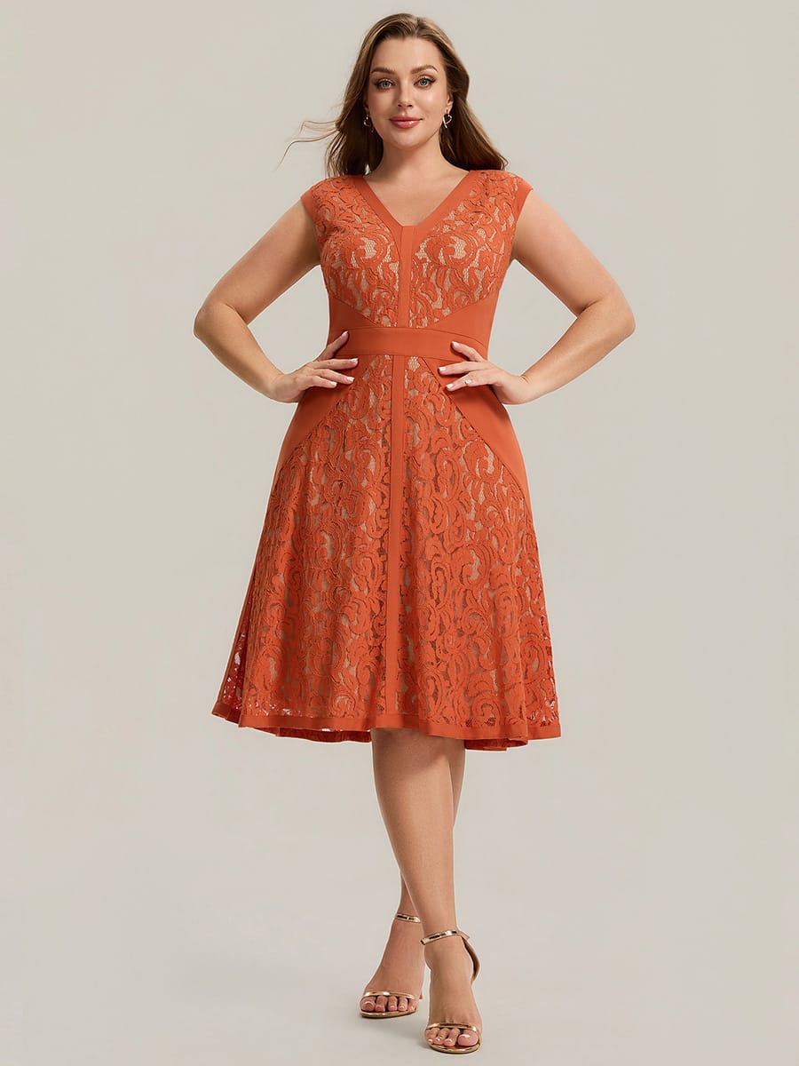 See-through Lace Cap Sleeve Dress #color_Burnt Orange