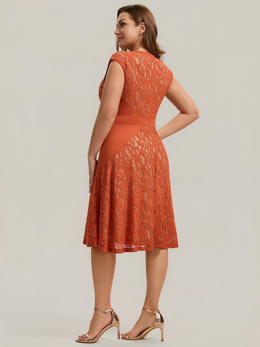 See-through Lace Cap Sleeve Dress #color_Burnt Orange