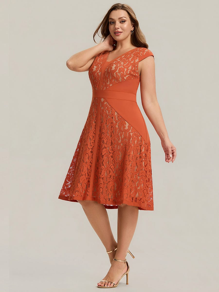 See-through Lace Cap Sleeve Dress #color_Burnt Orange