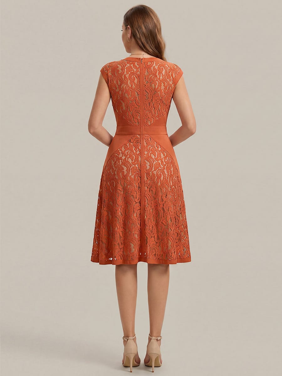 See-through Lace Cap Sleeve Dress #color_Burnt Orange