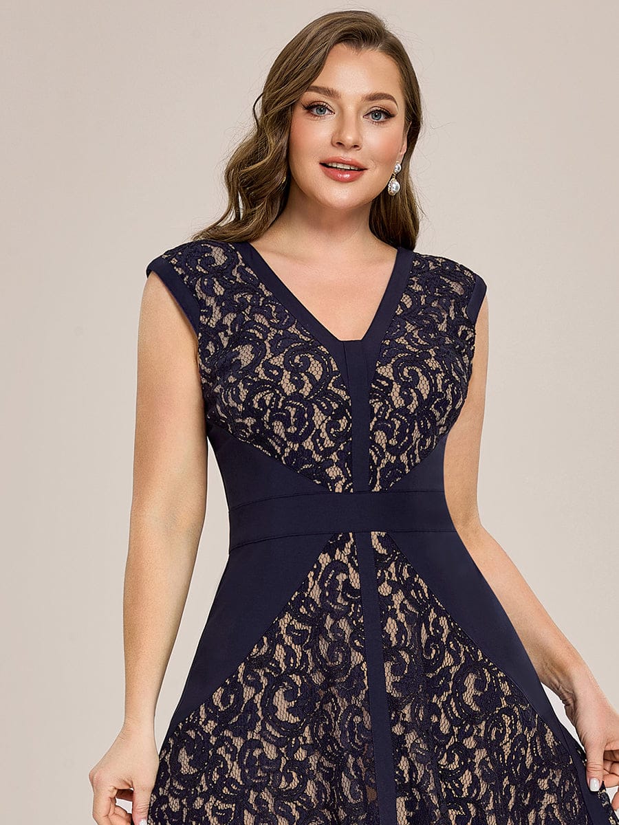 See-through Lace Cap Sleeve Dress #color_Navy Blue