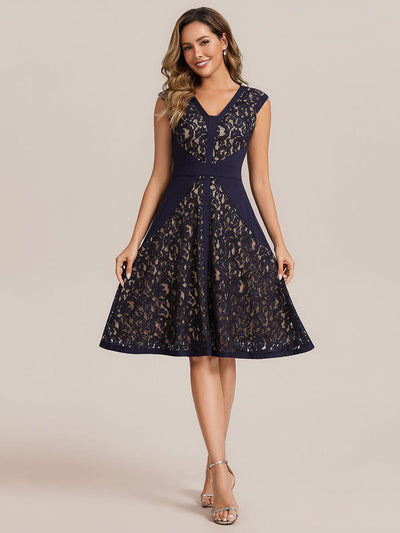See-through Lace Cap Sleeve Dress #color_Navy Blue