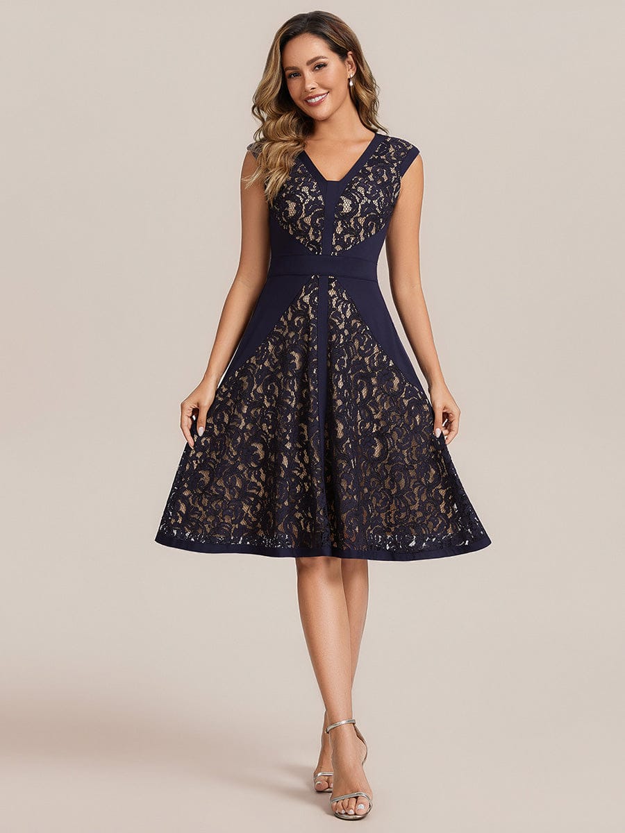 See-through Lace Cap Sleeve Dress #color_Navy Blue
