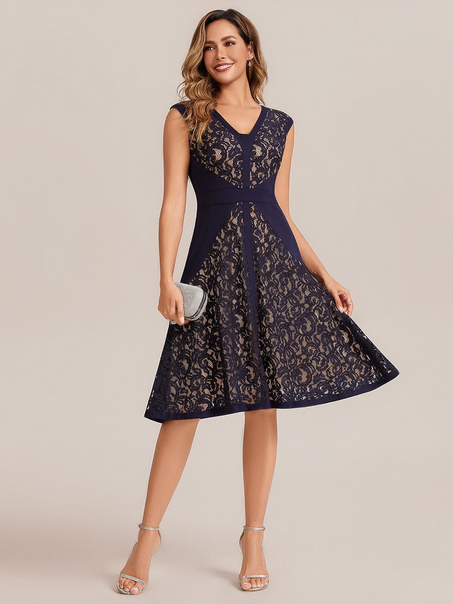 See-through Lace Cap Sleeve Dress #color_Navy Blue