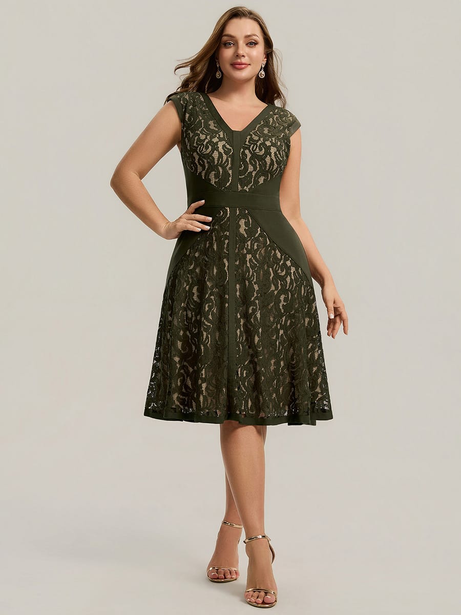 See-through Lace Cap Sleeve Dress #color_Olive Green