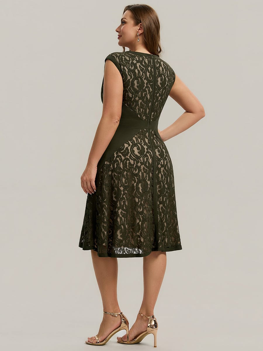 See-through Lace Cap Sleeve Dress #color_Olive Green
