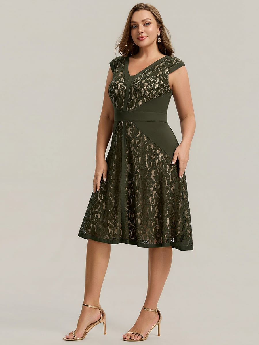 See-through Lace Cap Sleeve Dress #color_Olive Green