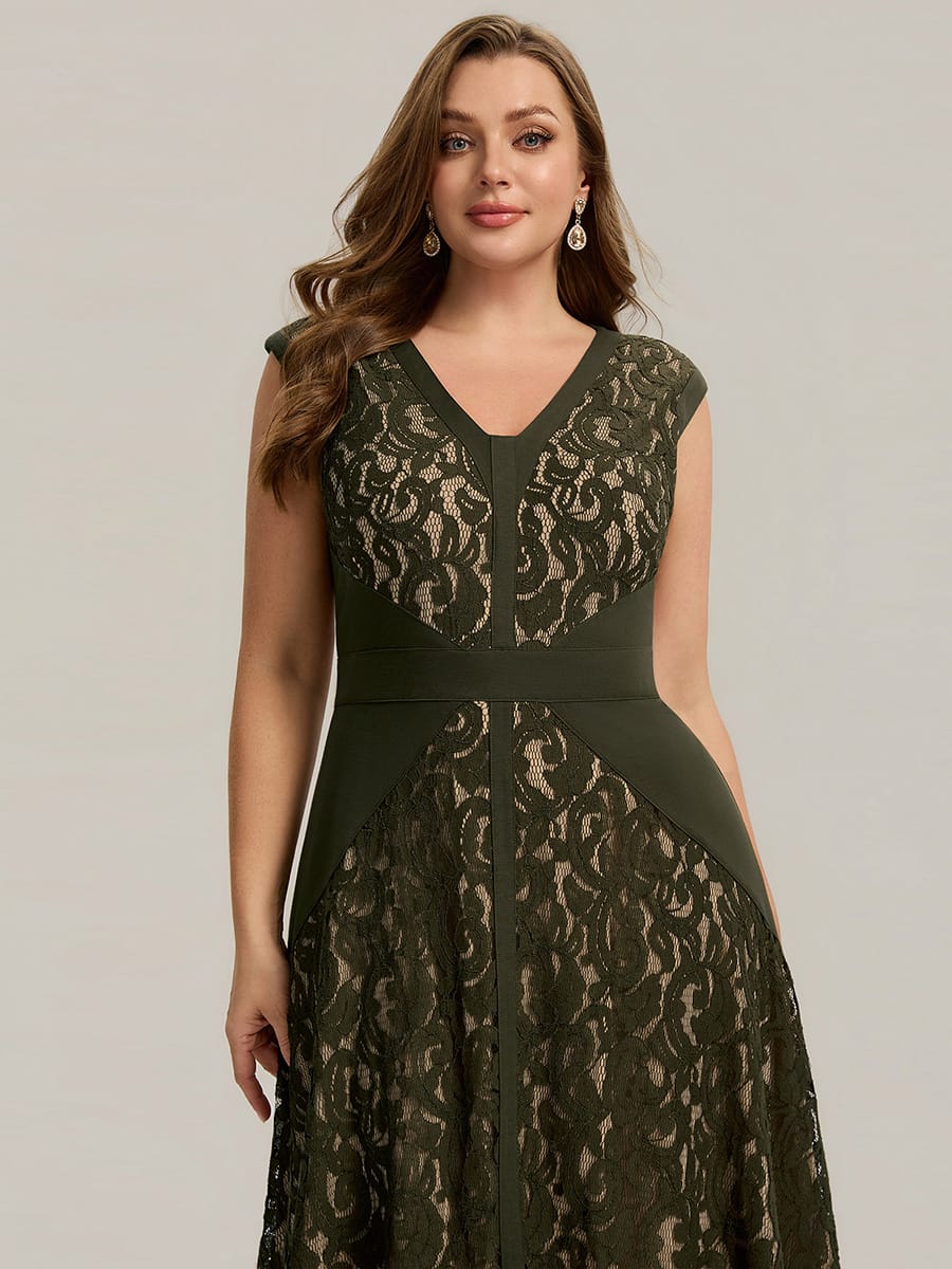 See-through Lace Cap Sleeve Dress #color_Olive Green