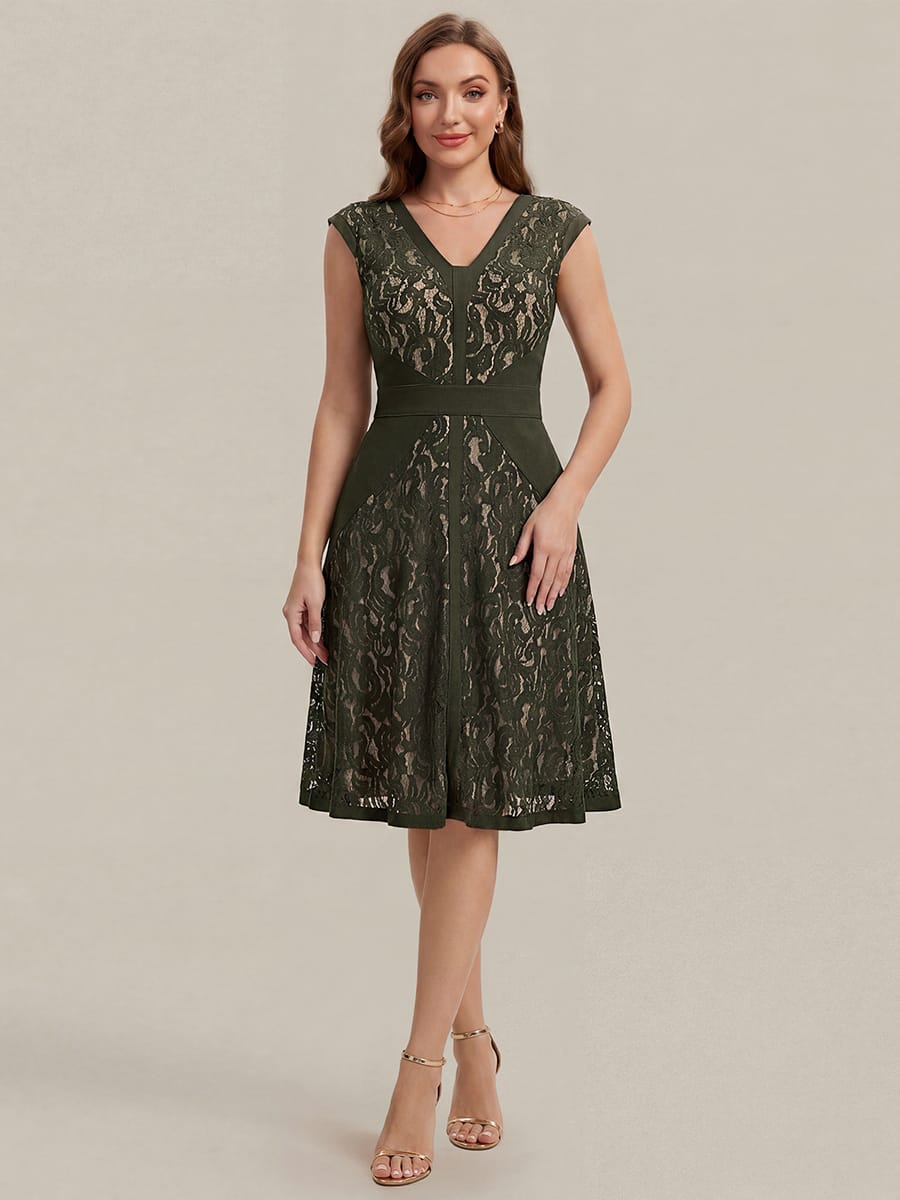 See-through Lace Cap Sleeve Dress #color_Olive Green