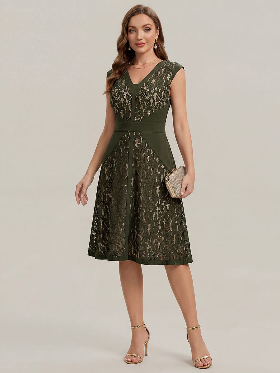 See-through Lace Cap Sleeve Dress #color_Olive Green