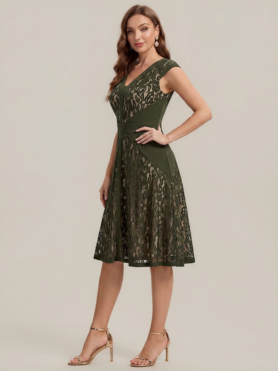 See-through Lace Cap Sleeve Dress #color_Olive Green