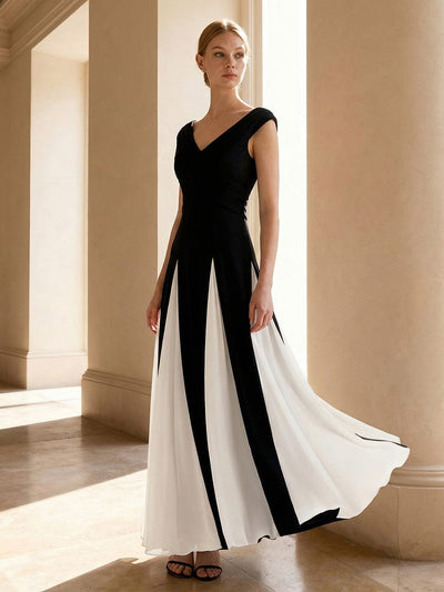 Patchwork Knit Cap Sleeve Dress #color_Ivory-Black