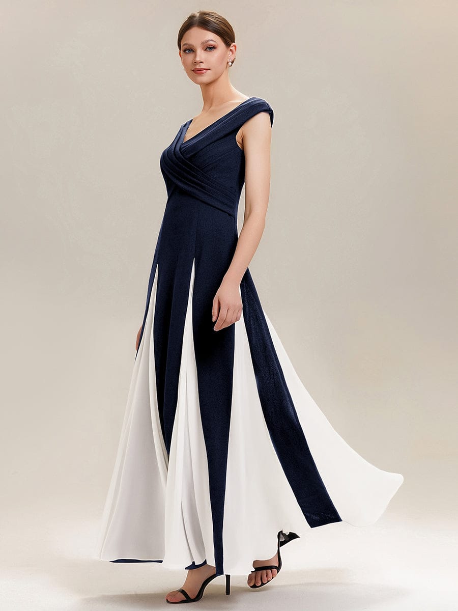 Patchwork Knit Cap Sleeve Dress #color_Navy Blue