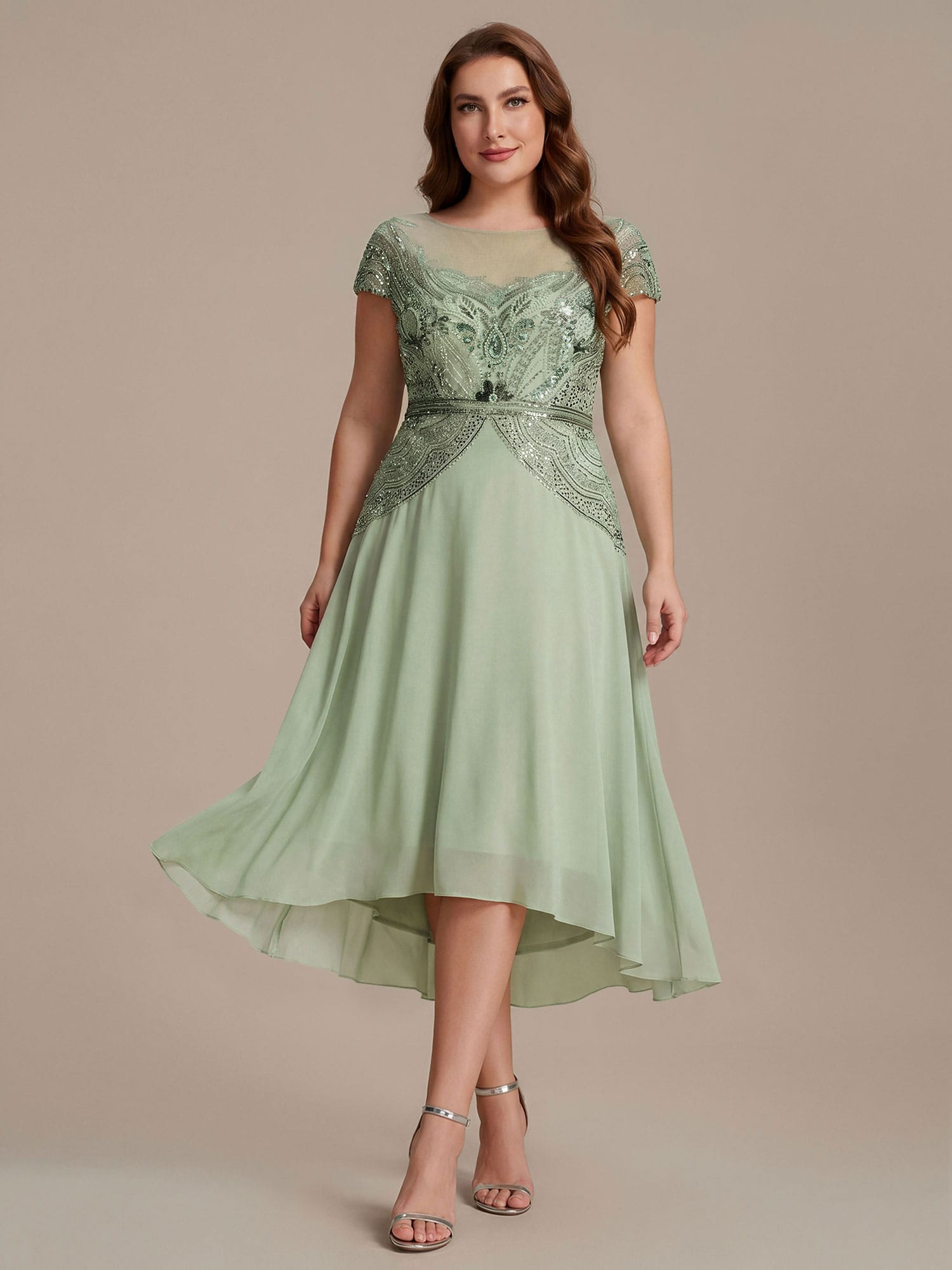 Sequin Sheath Round Neck Dress #color_Mint Green