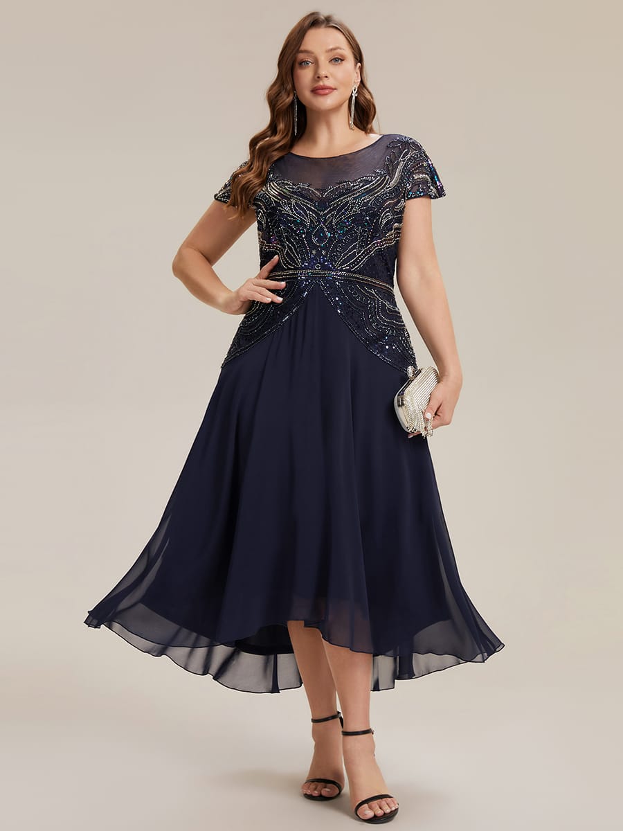 Sequin Sheath Round Neck Dress #color_Navy Blue