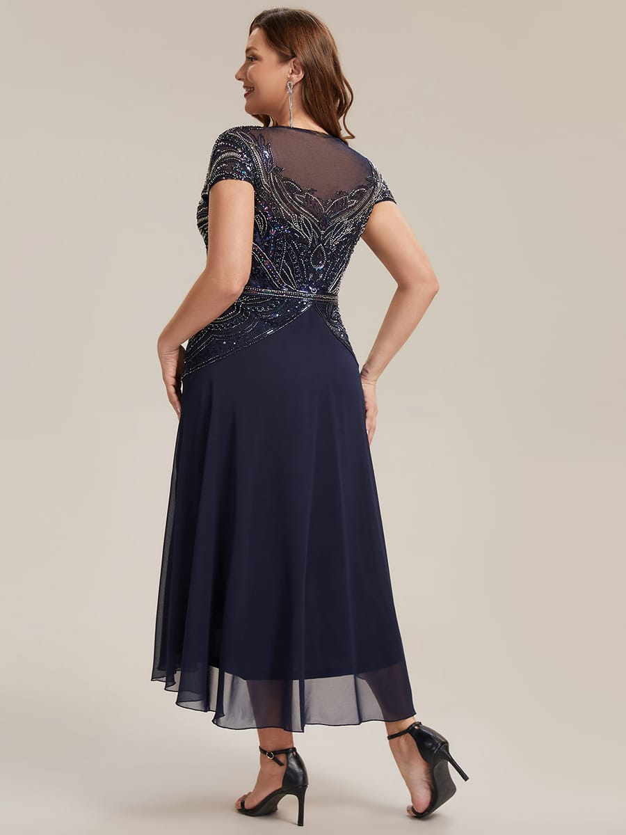 Sequin Sheath Round Neck Dress #color_Navy Blue