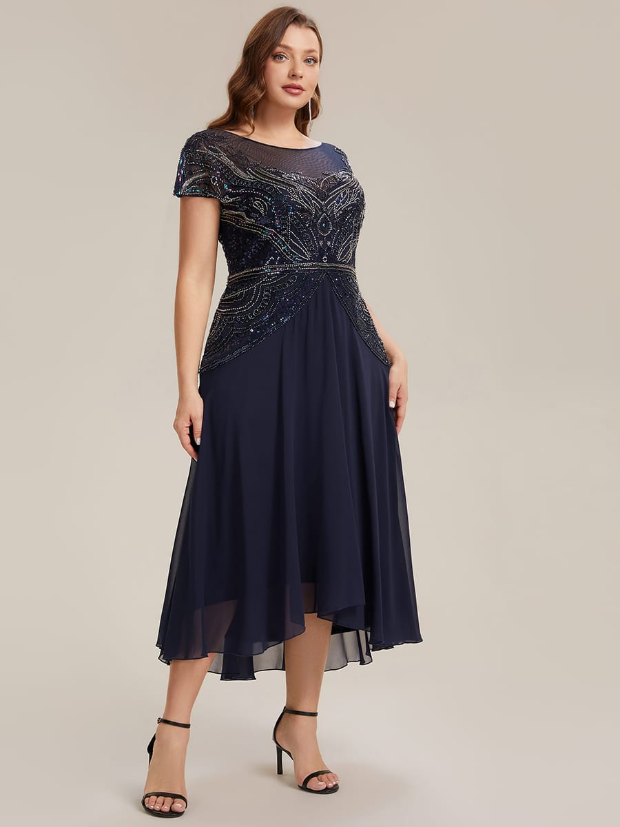 Sequin Sheath Round Neck Dress #color_Navy Blue