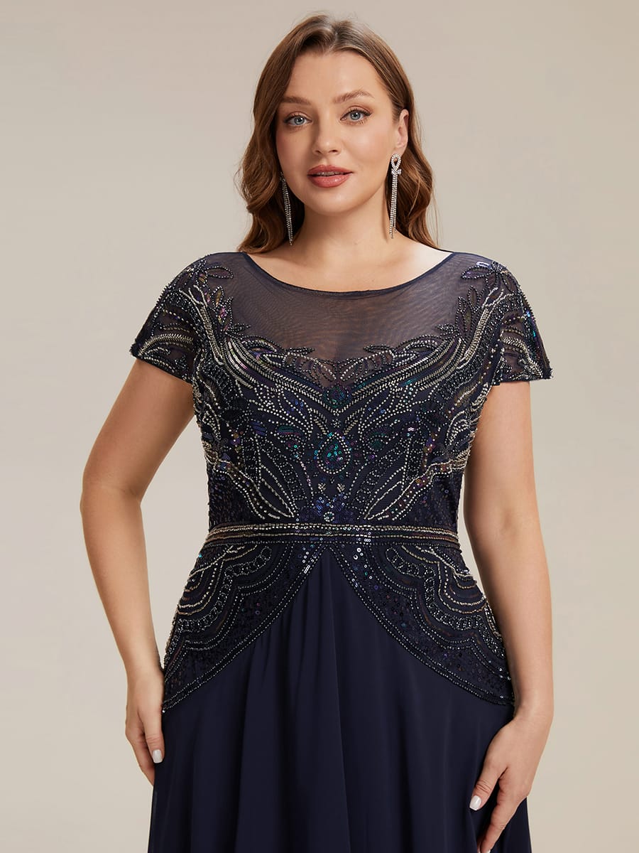 Sequin Sheath Round Neck Dress #color_Navy Blue